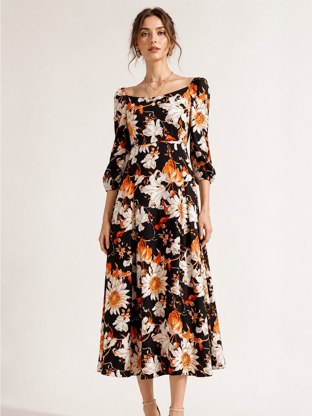 SHEIN Black Midi Dress with Orange and Cream Floral Print